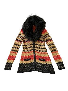 Boston Proper Chevron Knit Jacket Faux Fur Collar Button Front Medium